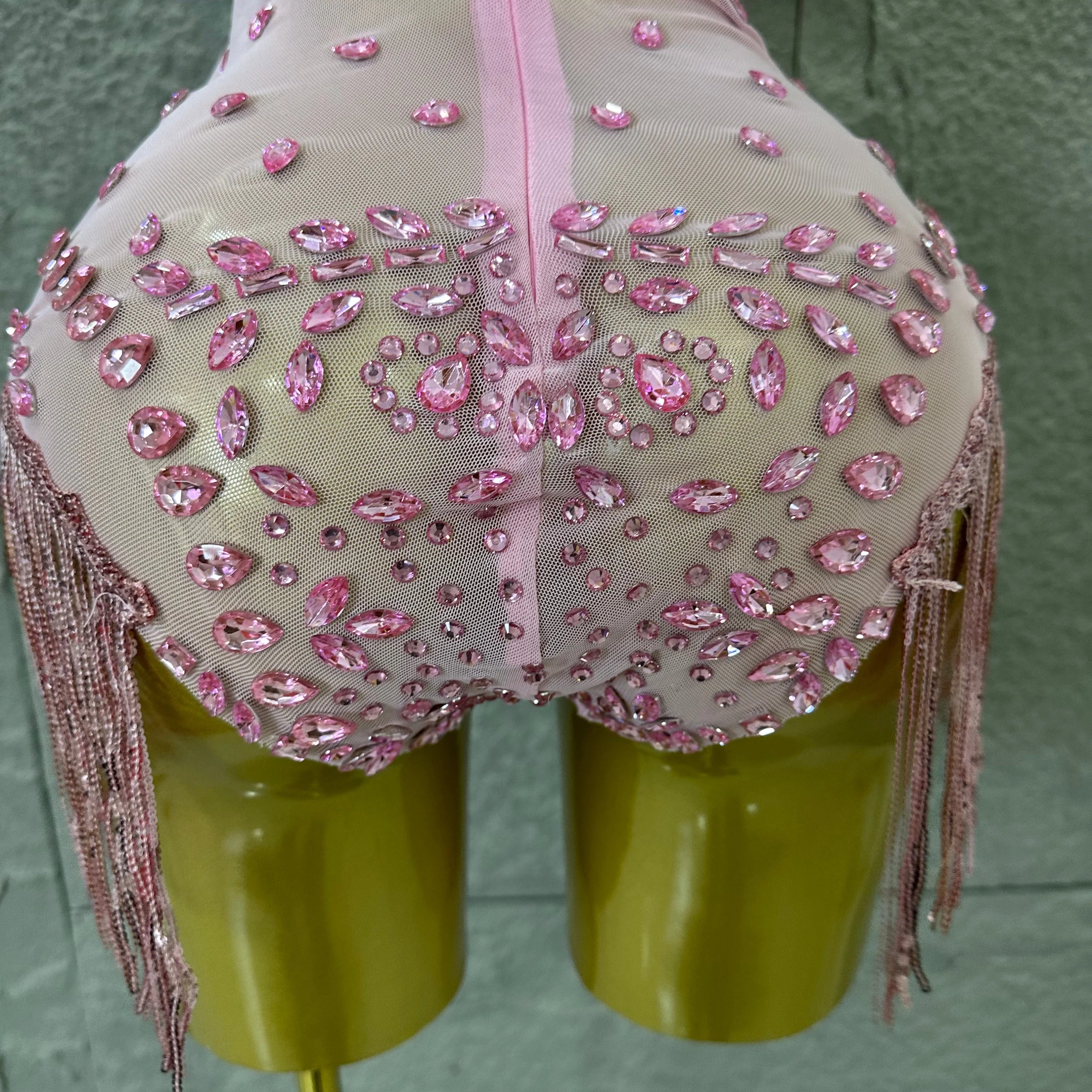 Pink Spaghetti Strap Bodysuit Women Sexy Deep V Neck Sheer Mesh Crystal Embellished Fringe Form-Fitting Formal Event Outfit