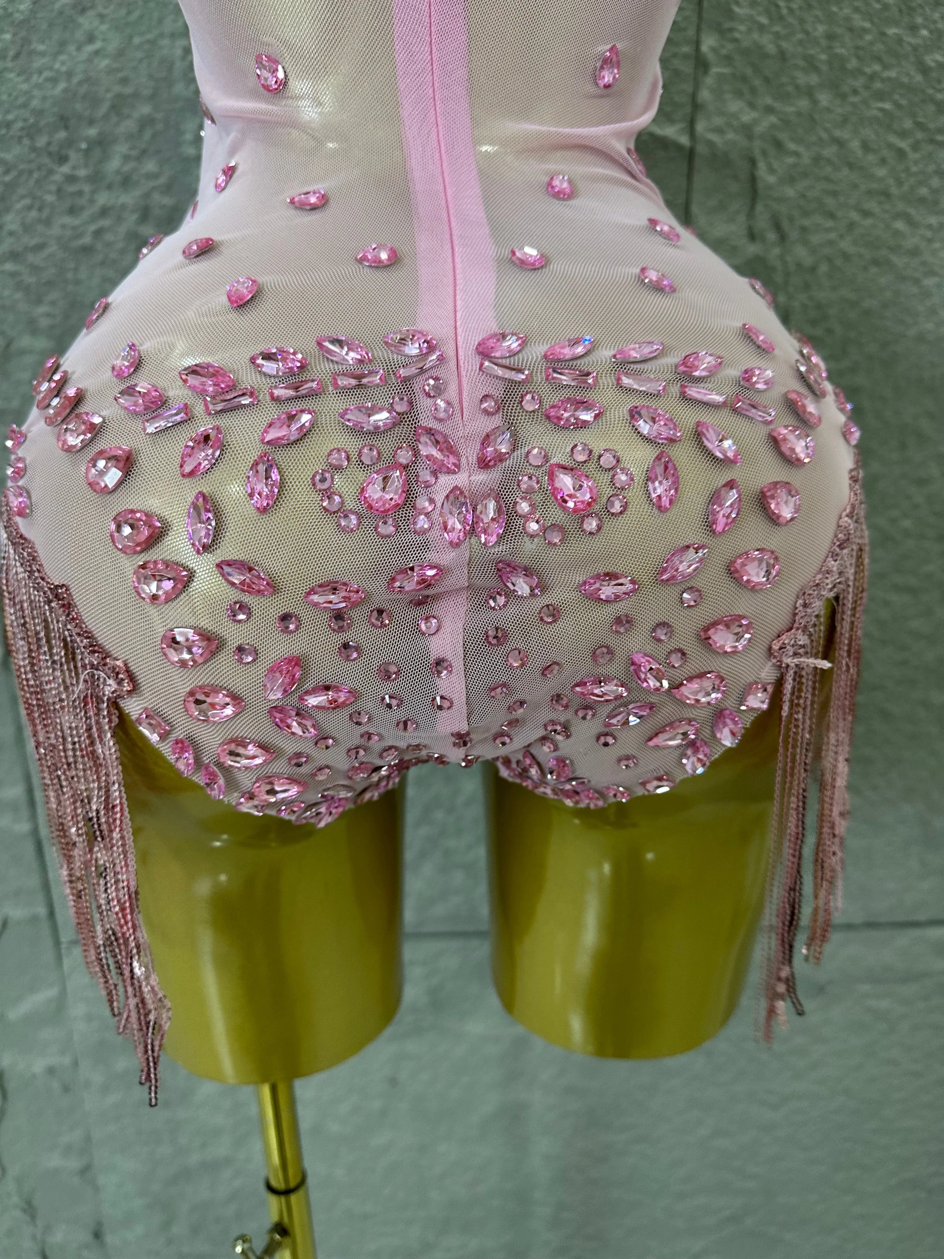 Pink Spaghetti Strap Bodysuit Women Sexy Deep V Neck Sheer Mesh Crystal Embellished Fringe Form-Fitting Formal Event Outfit