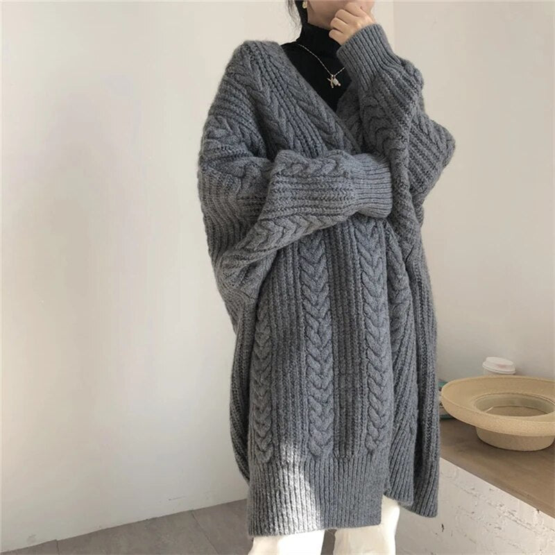 Women Coat Thicken Warm Loose Long Cardigan Coat TRAF Knit Solid Long Sleeve Sweater Coat Streetwear Women 2024 Autumn Winter GREY One Size