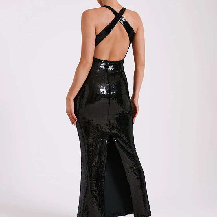 2024 Summer Women'S Dress Black Sequins Tight Sexy V-Neck Sleeveless Backless Catwalk Party Long Gowns With 3D Flower