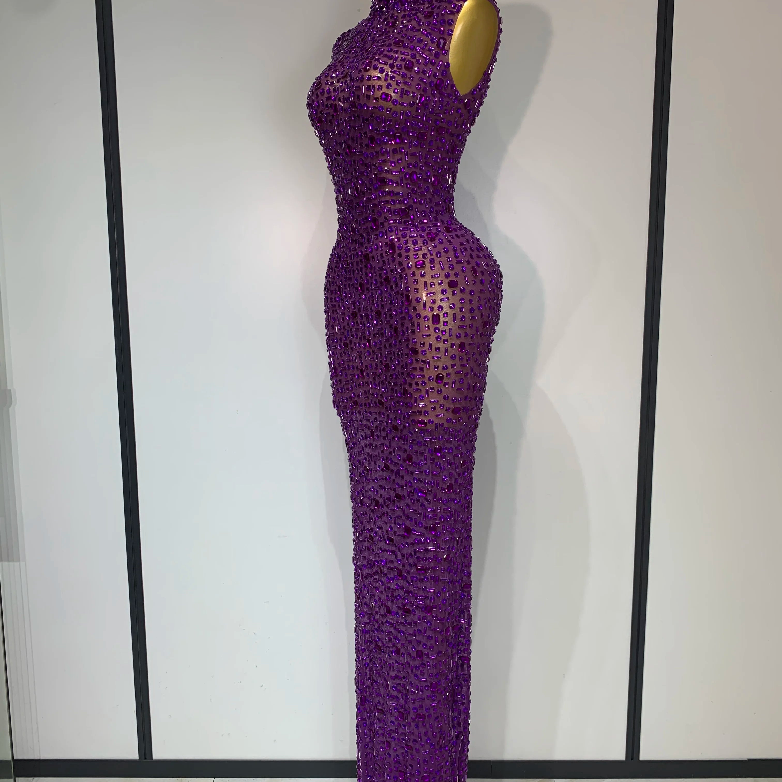 Sparkly Rhinestone Sleeveless Stretch Long Dress Women Sexy Mesh Celebrate Evening Prom Luxury Birthday Dress Evening Party Wear