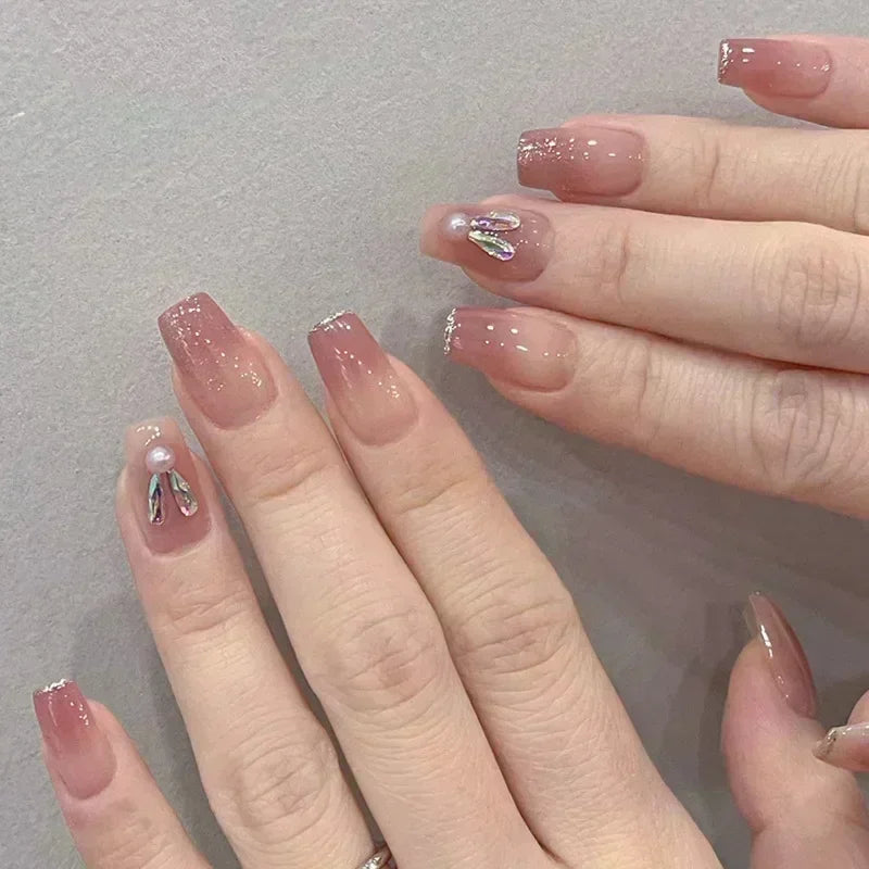 24Pcs False Nails French Gradient Ballet Fake Nails Press on Nails Black Heart Rhinestone Design Glitter Full Cover Nail Tips 19