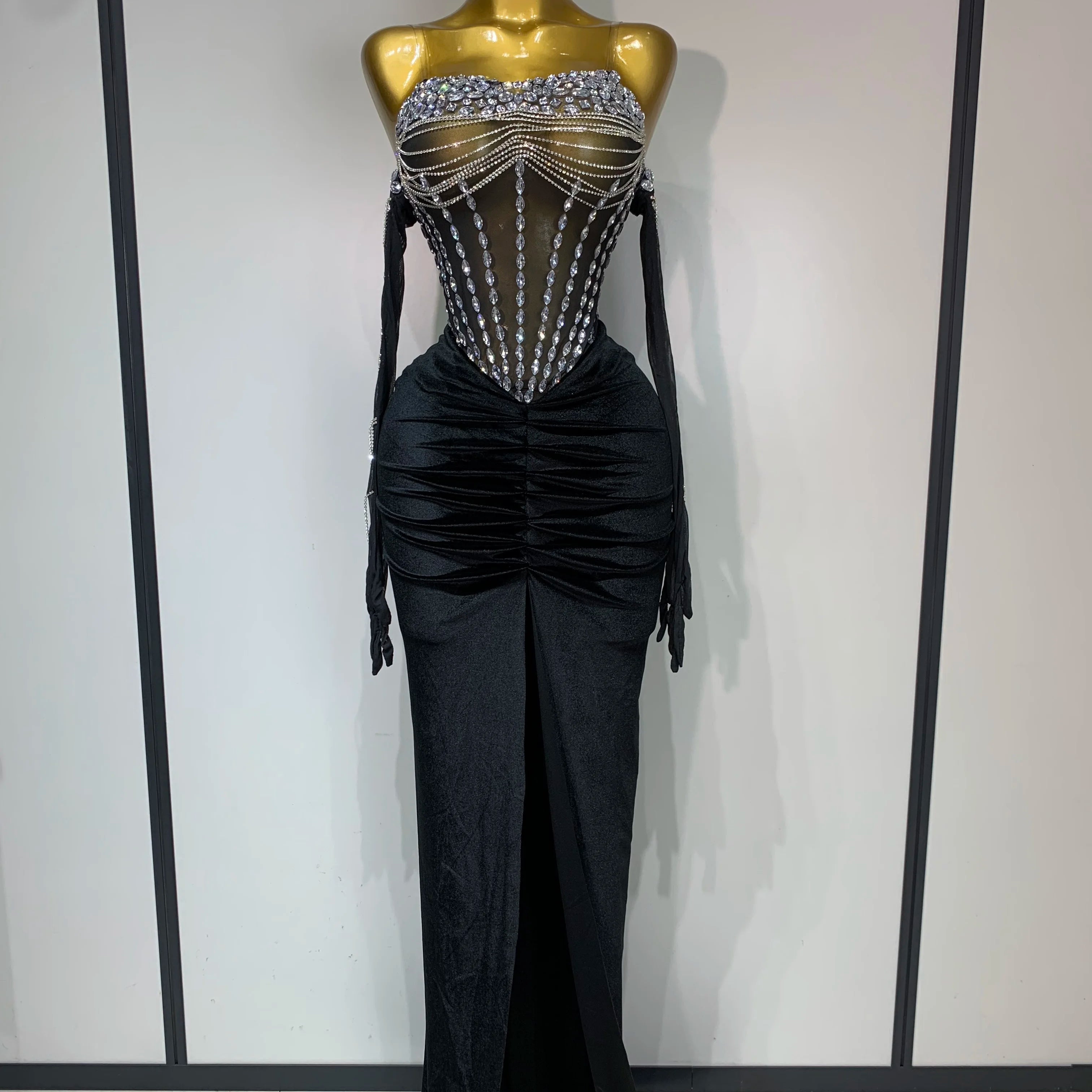 Women Sexy Strapless Rhinestone bodysuit Skirt Three Piece Set Celebrity Elegant Evening Party Birthday Dresses Stage Costume black