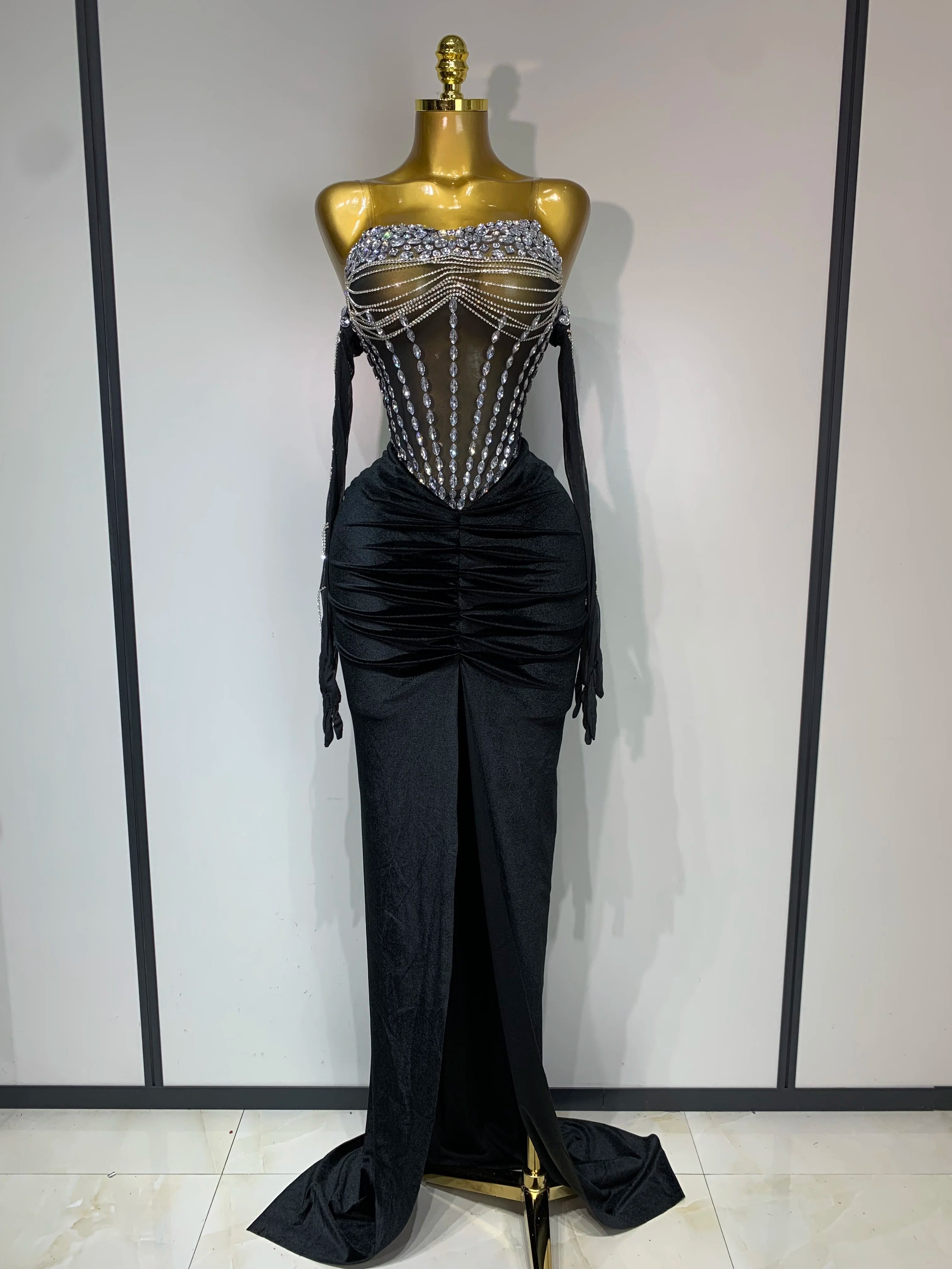 Women Sexy Strapless Rhinestone bodysuit Skirt Three Piece Set Celebrity Elegant Evening Party Birthday Dresses Stage Costume black
