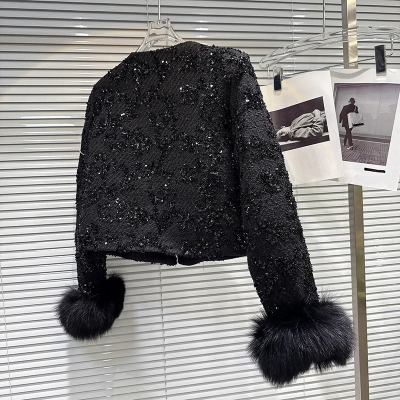 Winter New Fashion Fox Fur Cuff Beaded Edge Cotton Inner Short Coat For Women High-end Elegant Jacket Female 11A07516