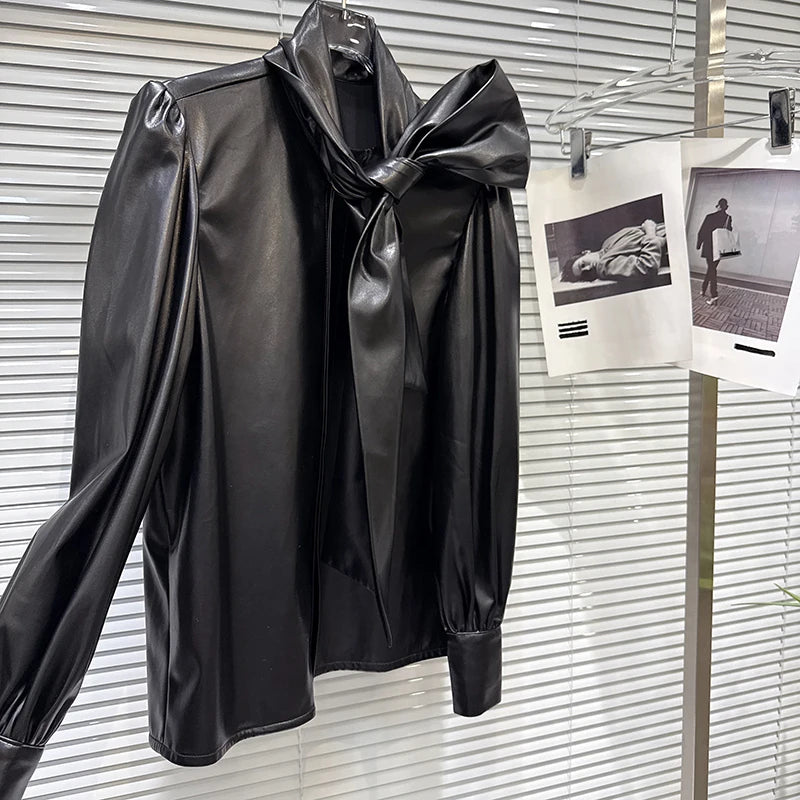 Winter New Fashion Street Style Tie Scarf Bow PU Leather Shirt For Women Loose Black Blouse Female Trend 11A07665