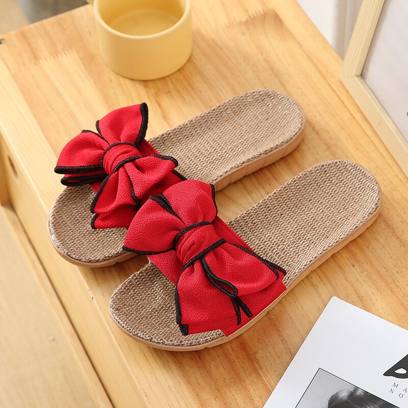 Women Summer Casual Slides Comfortable Flax Slippers Striped Bow Ya Ma Flip Flops Platform Sandals Ladies Indoor Shoes