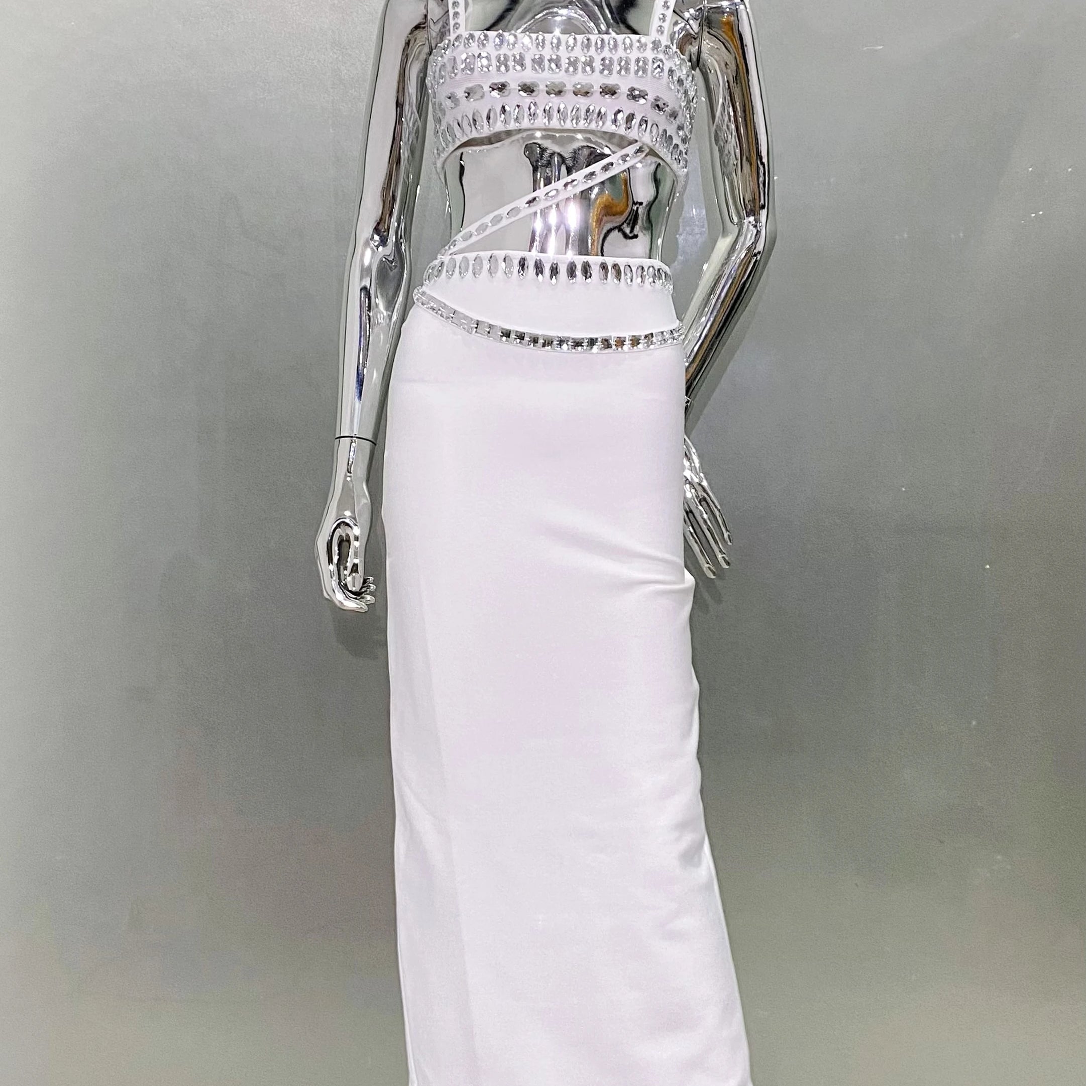 Sparkling Diamonds Woman Set Spaghetti Strap Top And Ankle Lenght Skirt 2 Pieces Evening Party Vestido Beach Vocation Outfit