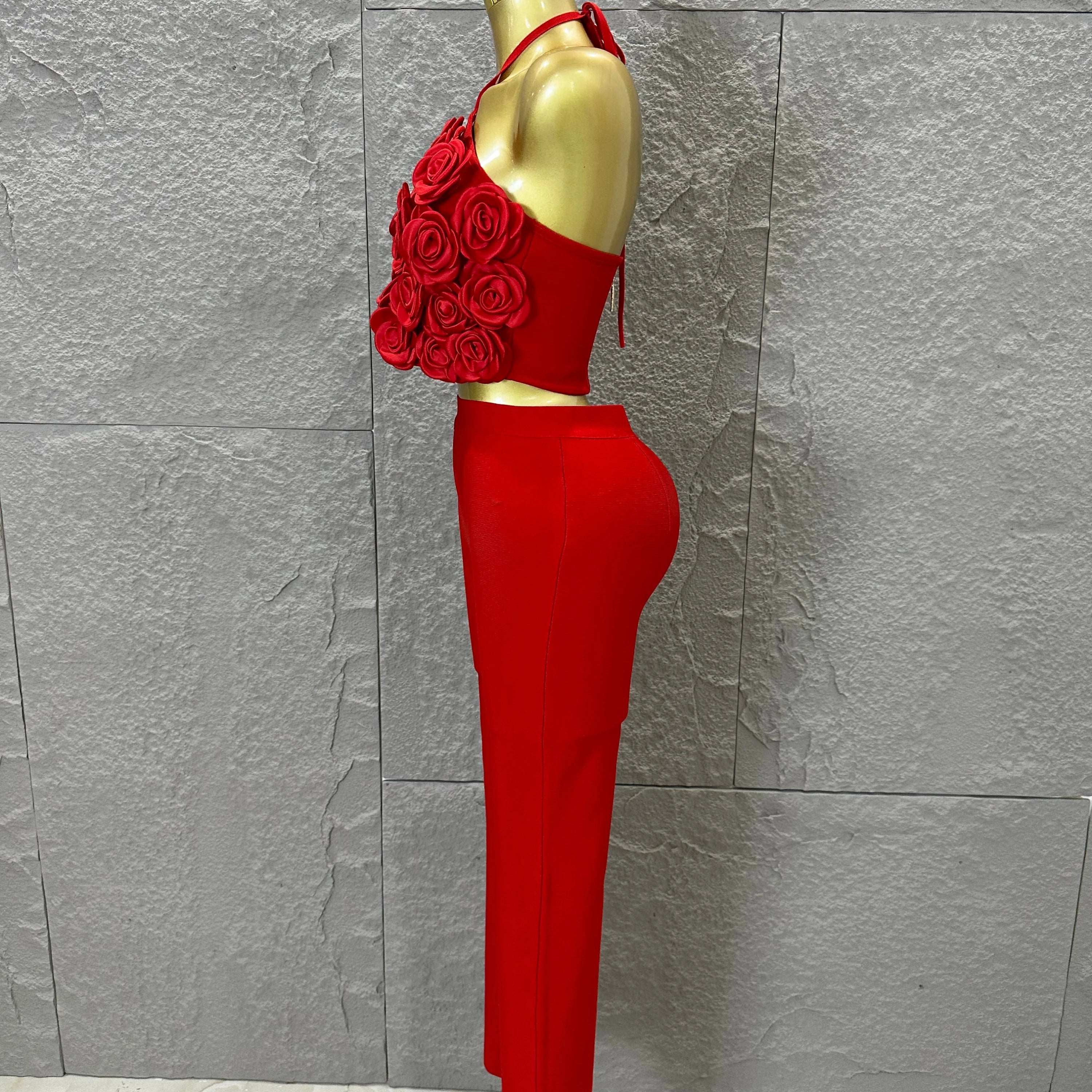 Elegant Two Piece Set Women Halter 3D Flower Crop Top High Waist Flare Pants Bandage Suit Party Casual Formal Wear