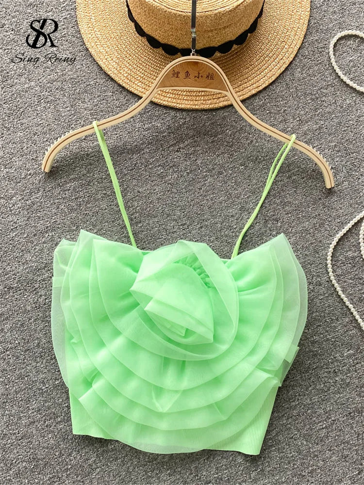 SINGREINY Female 3D Flowers Vacation Style Sexy Camis Summer Design Sheath Tops Women Solid Slim Short Streetwear Beach Camisole