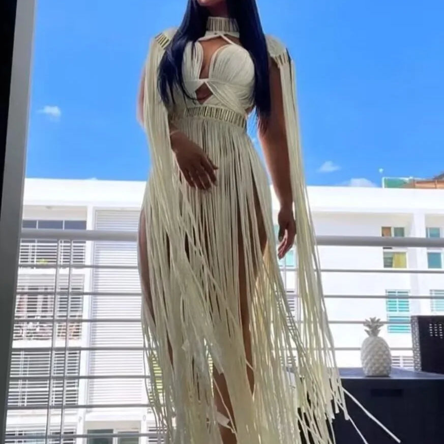 INS Best Selling Women Sexy Tassels Long Dress Bar Singer Celebrate Nightclub Dress Beach Vacation Party Dress High Quality