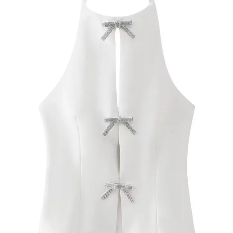 Aonibeier Y2K Black White Women Camis Traf Summer Diamonds Bow Hollow Out Sleeveless Backless Slim Halter Female Crop Top W