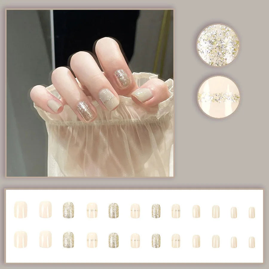 24pcs/set Short Medium fake nails for women girls gradient shiny glitters heart french Square almond tips Press on false nail 2190