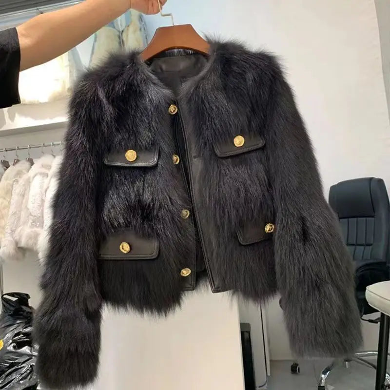Fashion Faux Fur Jacket Women Fall Winter Warm Thick O-neck Button Solid Outwear Fashion High Street Imitation Fox Fur Lady Coat Black