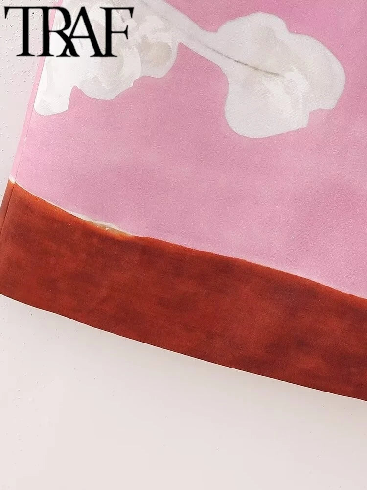 TRAF GAL Summer Spliced Pink Pinted Women Midi Long Skirts Zipper High Waisted Female Split Behind Pencil Skirt Y2K Bottoms