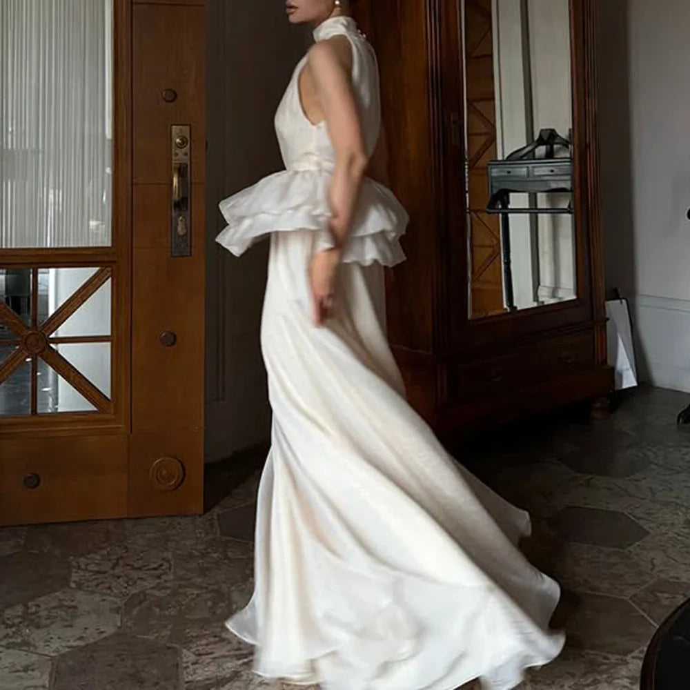 Solid Spliced Ruffles Folds Elegant Dresses for Women High Neck Sleeveless Temperament Dress Female Clothing New