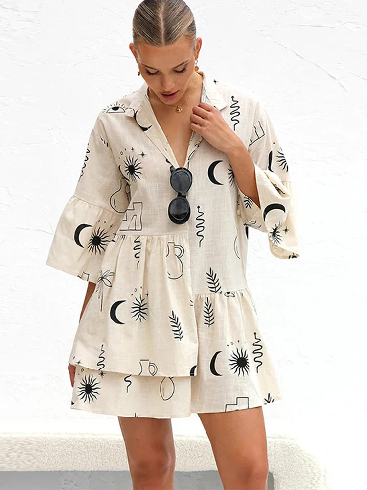 Print Flare Sleeve Ruffled Mini Women's Dress Elegant Shirt Collar Button Vestidos Spring Casual Loose Beach Female Dresses Figure Color 2