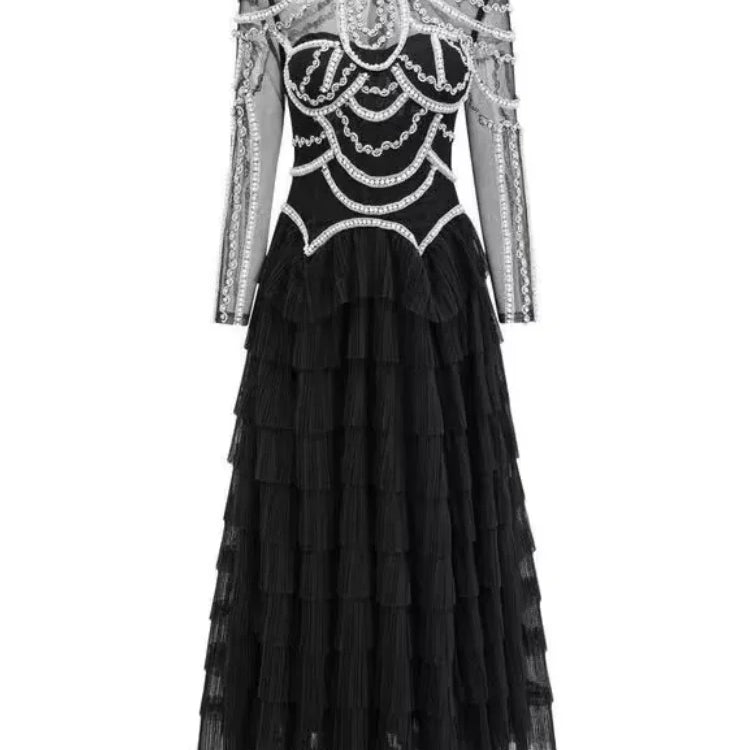 Shining Diamonds Pearl Beading Sexy See Through Mesh Ball Gown Dress Woman Birthday Party Vestido Celebrity Party Outfit black