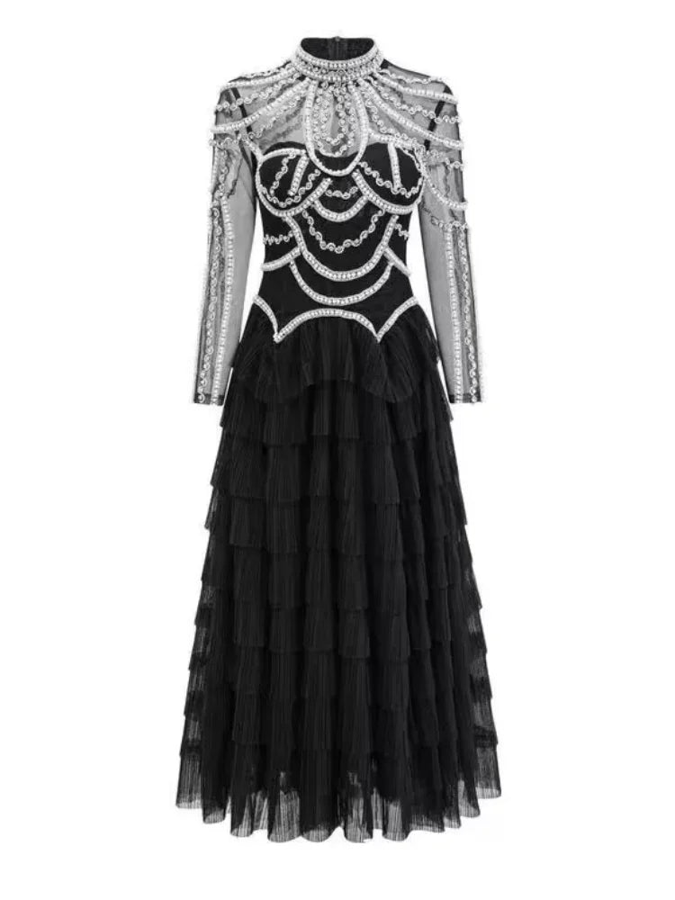 Shining Diamonds Pearl Beading Sexy See Through Mesh Ball Gown Dress Woman Birthday Party Vestido Celebrity Party Outfit black