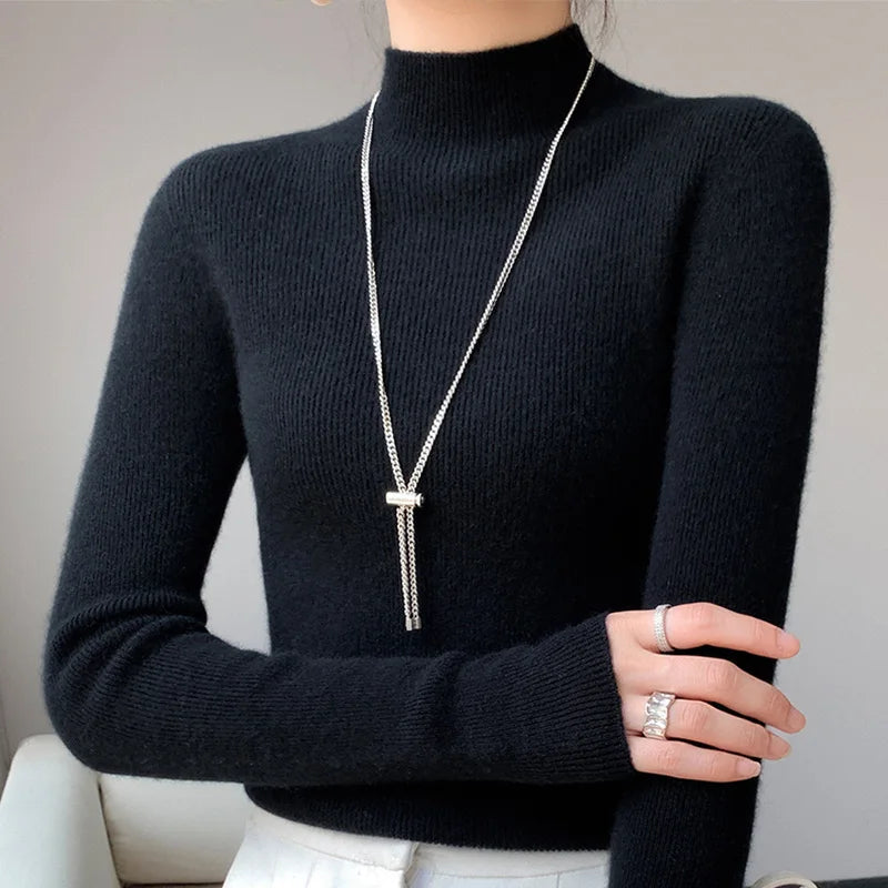 2022 Autumn and Winter Women's Cashmere Sweater Pullover Half Turtleneck Casual Fashion Pure Color Warmth Comfort black