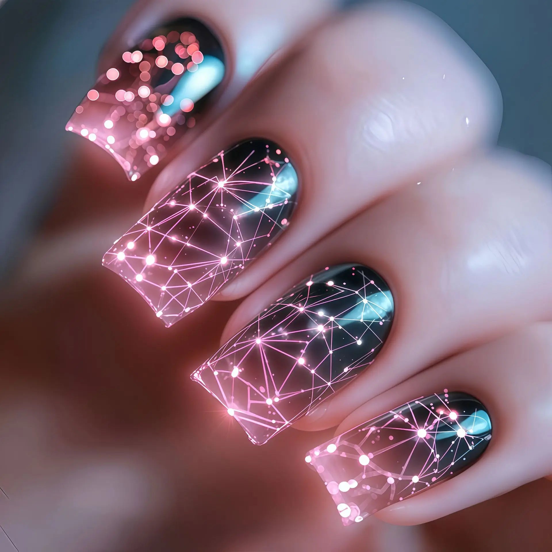 24pcs Romantic Sky Press on Nail Pink Purple Gradient Starry Sky False Nails Wearable European Square Head Fake Nails for Women 1