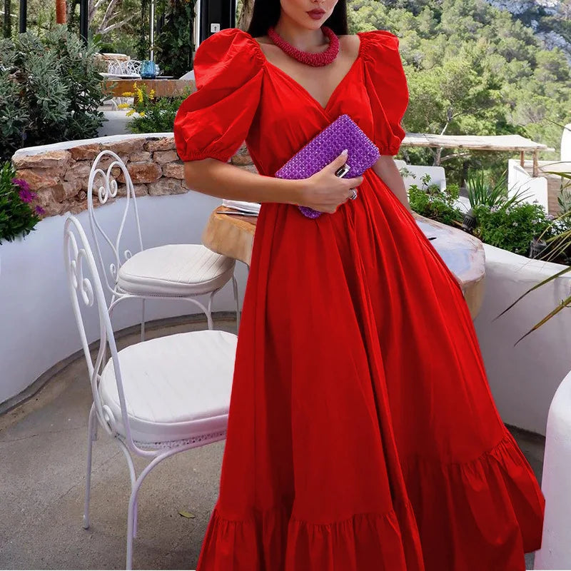 Elegant Women's New Maxi Dress Casual Short Sleeves V Neck Fashion Solid Color Simple Female Dress Summer Party Bohemia Dresses