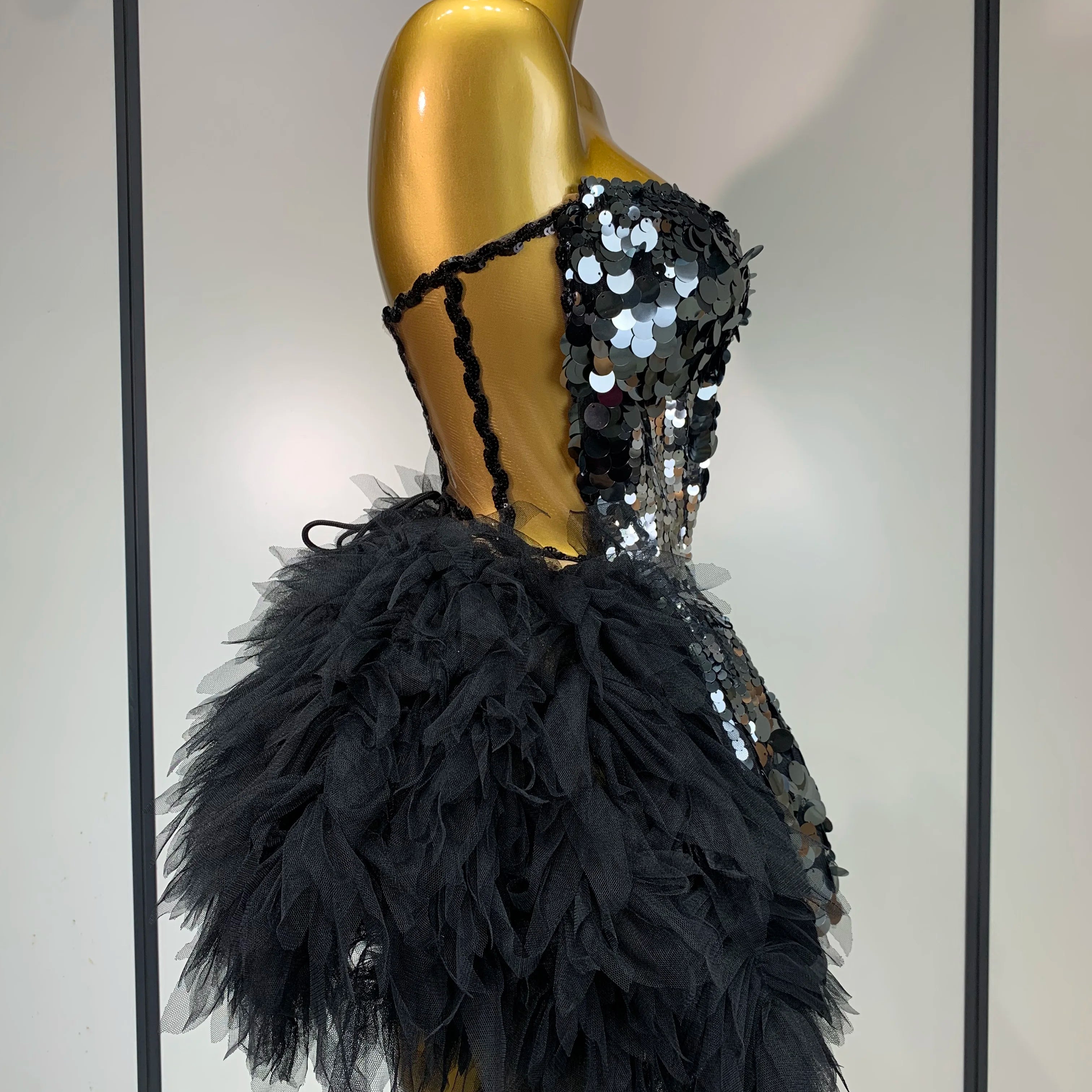 Sparkly Black Sequins Two Pieces Set for Women Party Evening Prom Celebrate Birthday Photo Shoot Dress Nightclub Dance Costume