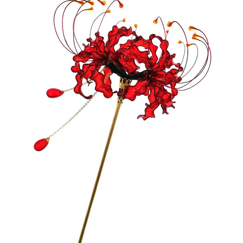 Handmade Lycoris Radiata Flower Hairpin Kanzashi Hair Stick for Kimono Hair Accessory Cosplay Decor Ornament Women Girl Jewelry