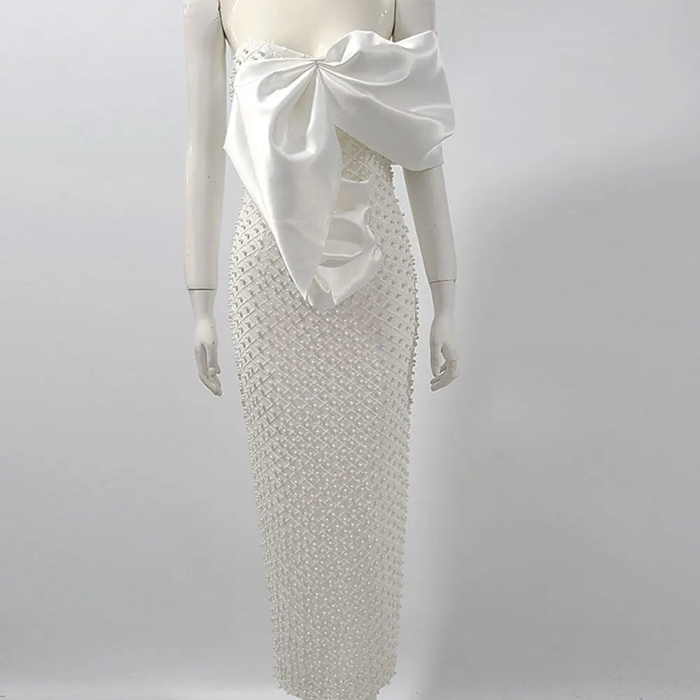 2024 Sexy Women's Heavy Industry Nail Bead Dress Shoulder Collar Bodycon Backless Midi Dress Cocktail Evening Party Vestidos WHITE