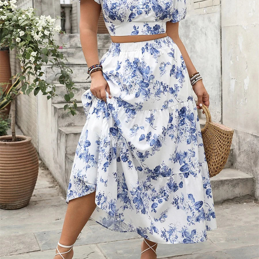 2025 Summer Womens Plus Size Skirts Outfits Floral Print V-Neck Short Sleeve Tops Elastic Waist Long Skirts Clothes 2 Pieces Set