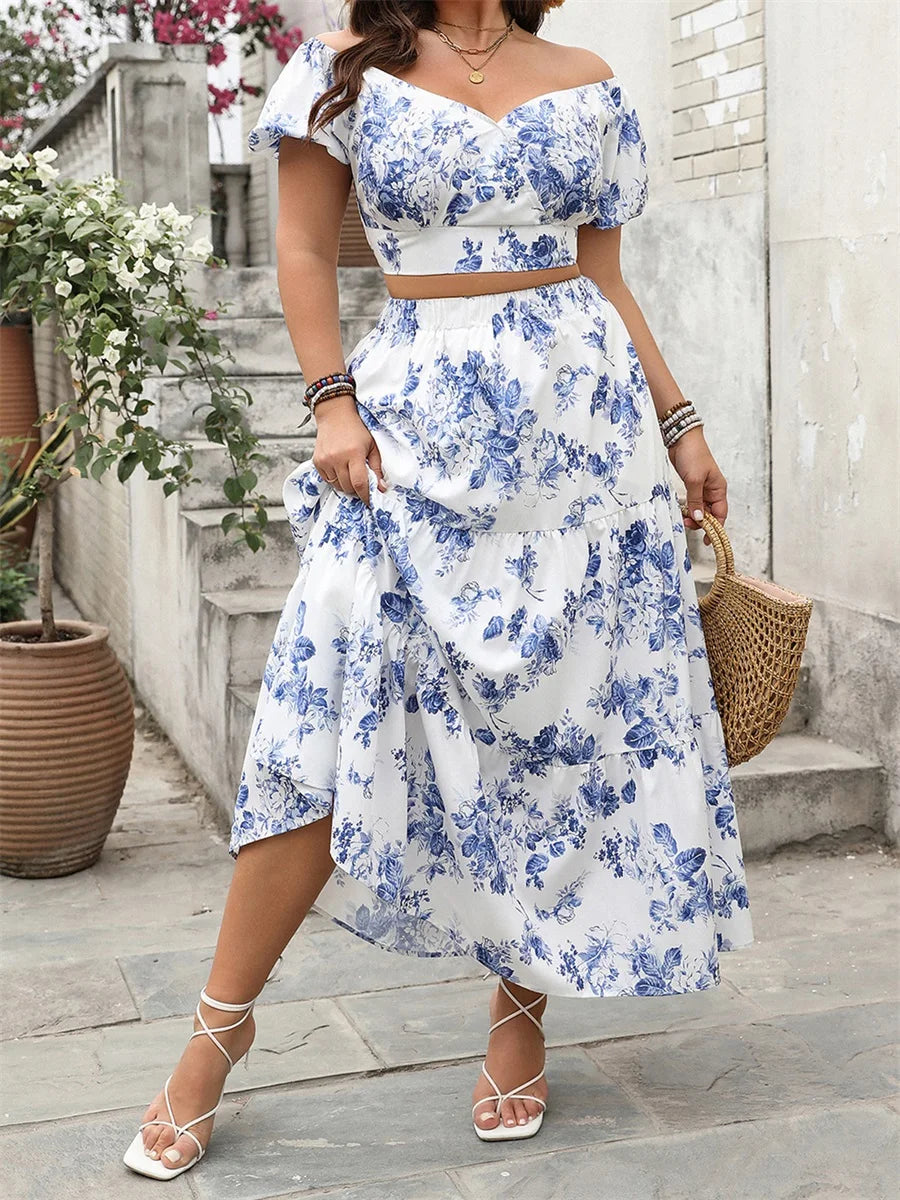 2025 Summer Womens Plus Size Skirts Outfits Floral Print V-Neck Short Sleeve Tops Elastic Waist Long Skirts Clothes 2 Pieces Set
