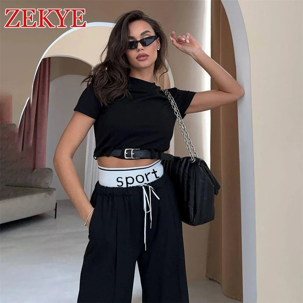 Zekye Casual White Loose Wide Leg Pants Set Women Outfit Korean Patchwork Street Style Short Sleeve T Shirts 2 Pieces Set Top
