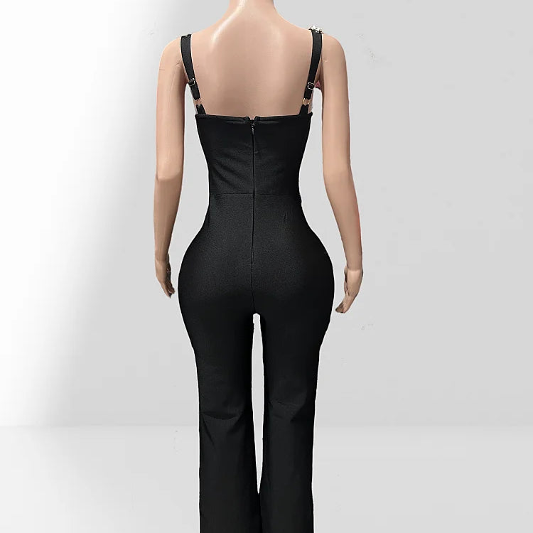 Shining Diamonds Sexy V-Neck Sleeveless Jumpsuit Graceful Woman Evening Party Outfit