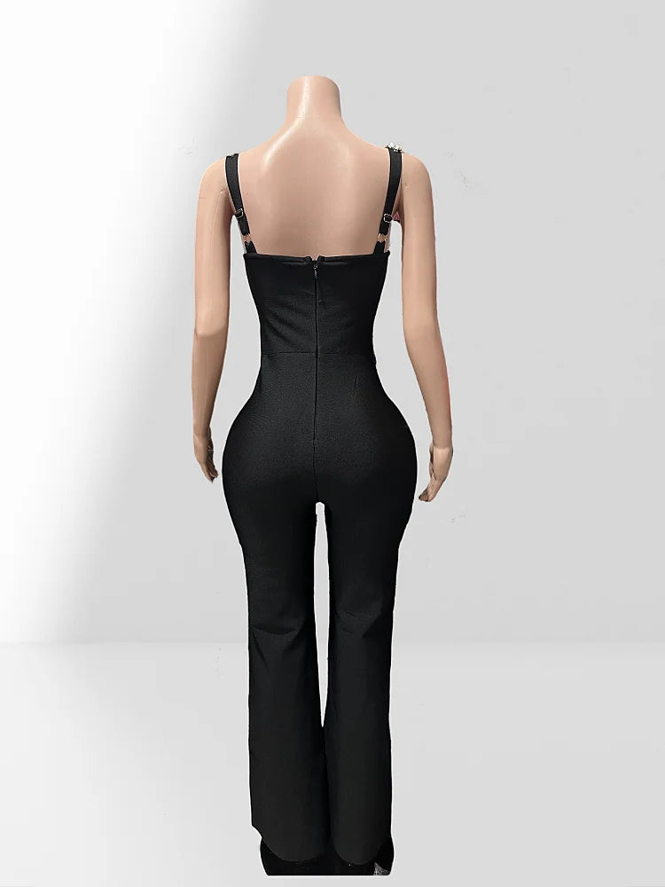 Shining Diamonds Sexy V-Neck Sleeveless Jumpsuit Graceful Woman Evening Party Outfit
