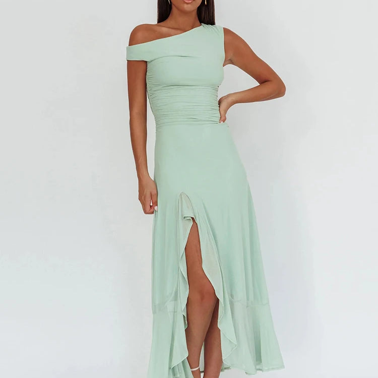 Sleeveless Ruffled Split Maxi Dress For Women Gown Mesh O Neck Oblique Shoulder Backless High Waist Slim Fit Club Dress Light Green