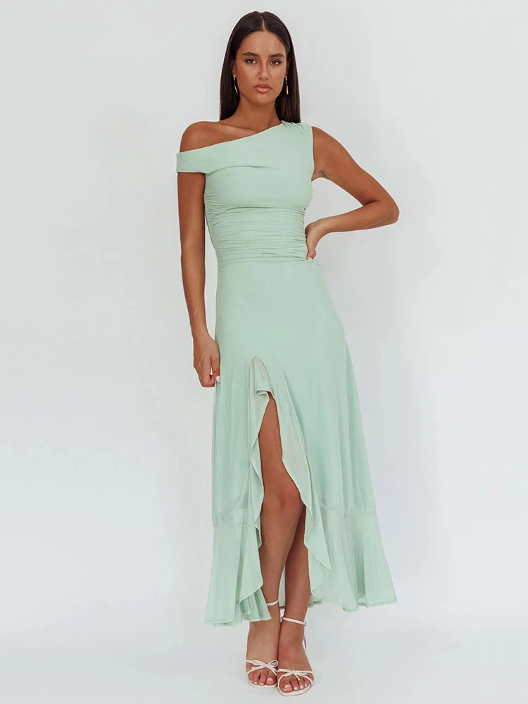 Sleeveless Ruffled Split Maxi Dress For Women Gown Mesh O Neck Oblique Shoulder Backless High Waist Slim Fit Club Dress Light Green