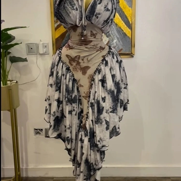 GLCMYAYA Women Patchwork Strap with Scarf A-line Maxi Long Dress 2025 Female Vacation Holiday Party Birthday Dresses Vestidos GRAY