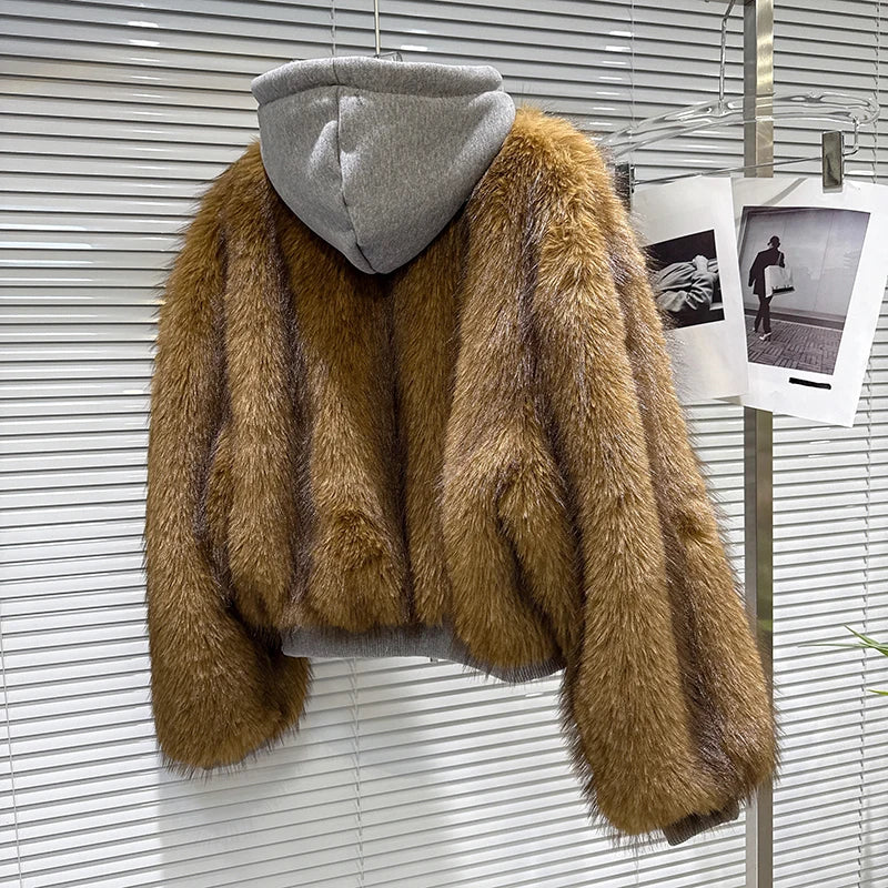 Winter New Trendy Fashion Furry Patchwork Design Sweatshirt For Women Loose Hooded Short Jacket Female 11A07771