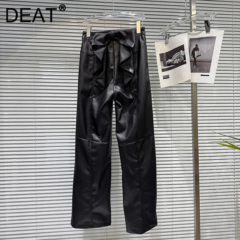Winter New Trendy Fashion Back Waist Three-Dimensional Bow PU Leather Pants For Women Straight Casual Pants