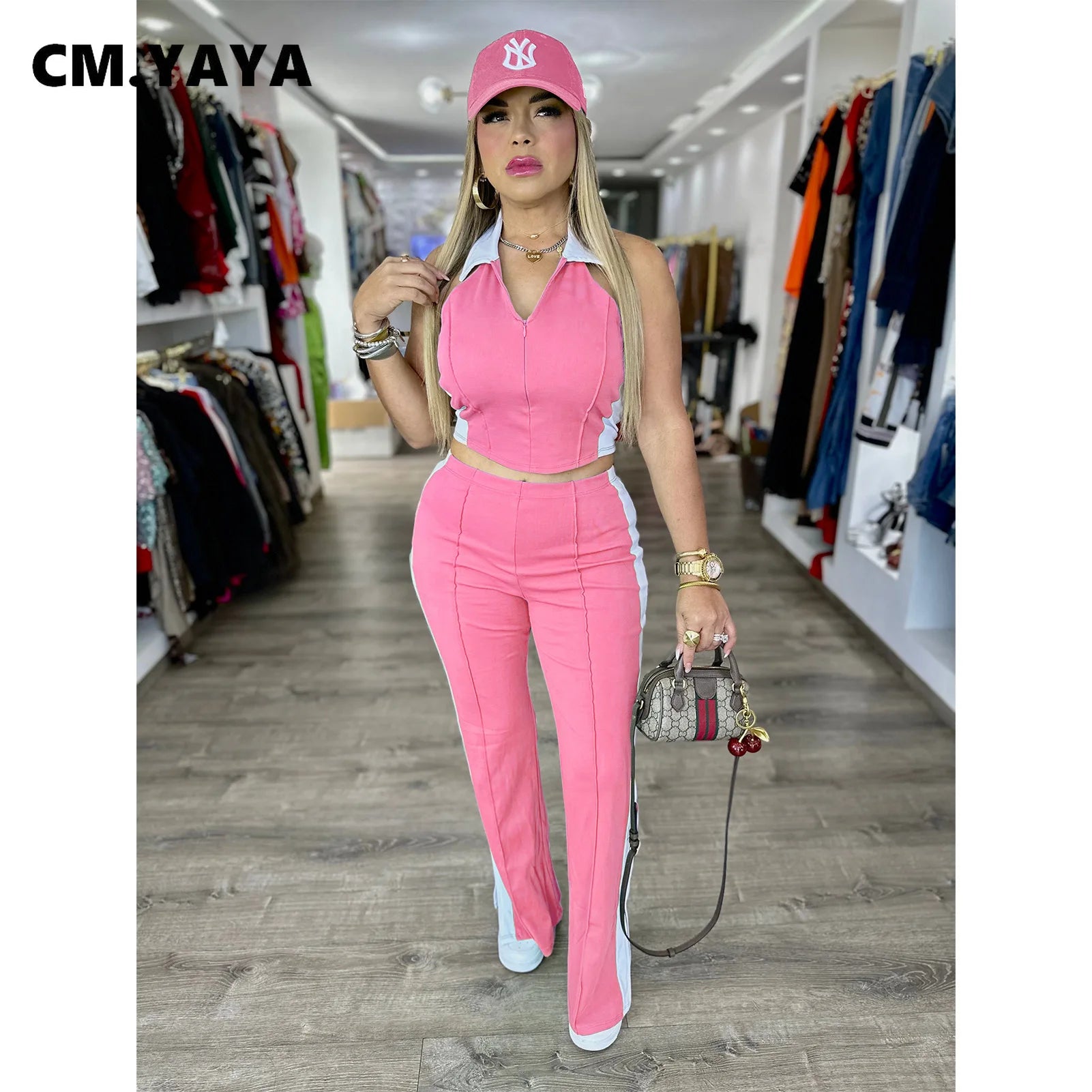 Sporty Patchwork Women's Set Sleeveless Polo-tank Tops and Slit Flare Pants 2025 Active Two 2 Piece Set Outfit Tracksuit