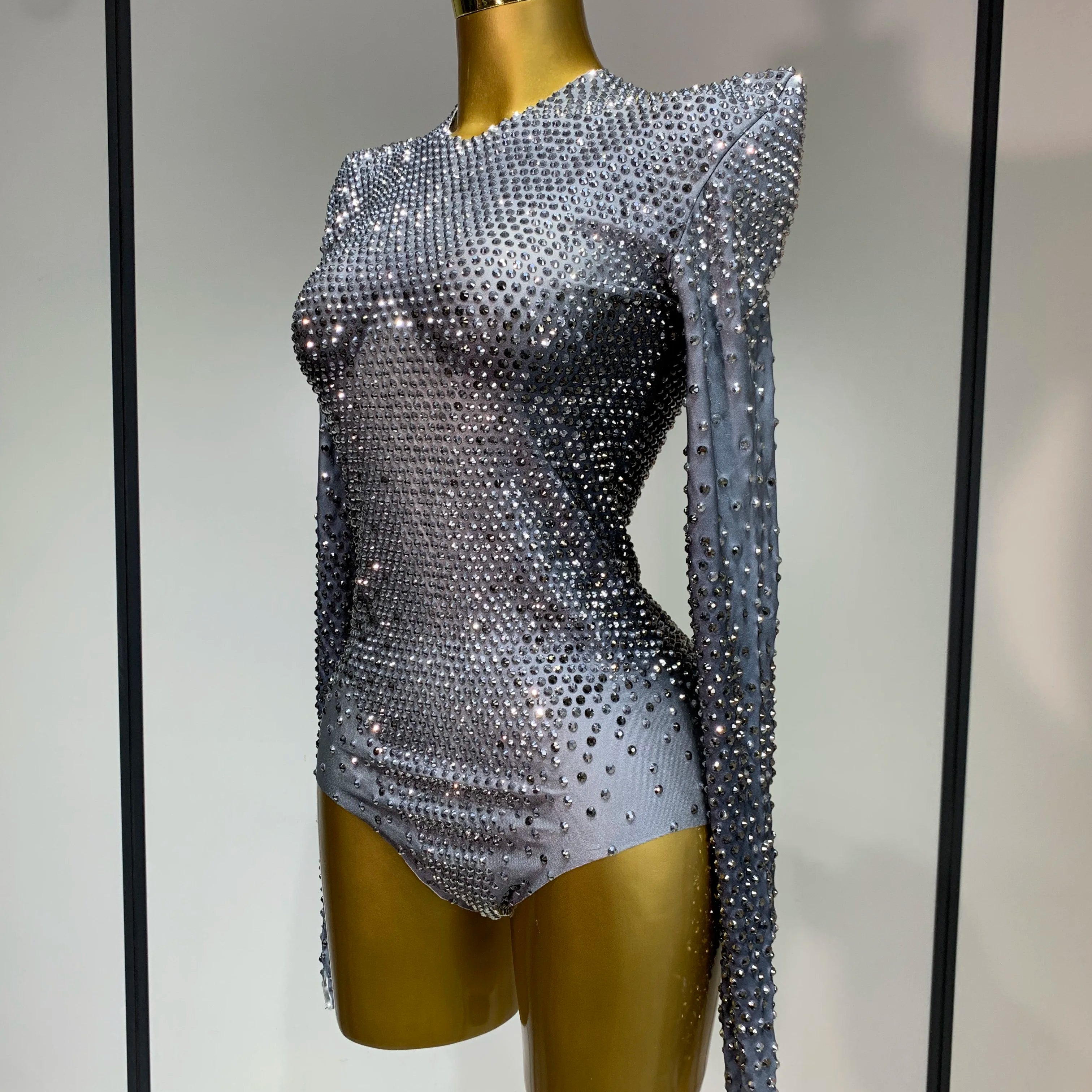 Sparkle Silver Rhinestones Stretch Bodysuits 2025 Women Luxury Birthday Evening Party Sexy Nightclub Singer Stage Costume