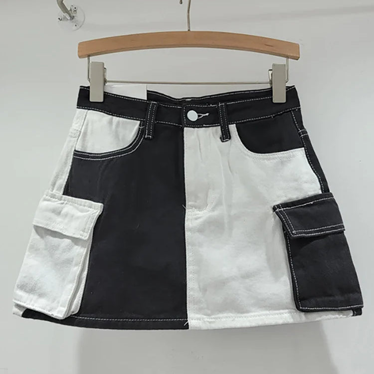 DEAT Women's Denim Skirt Contrast Color Patchwork Big Pockets Wrap Hip A-line Cargo Mini Skirt Summer New Fashion 29L6817 black