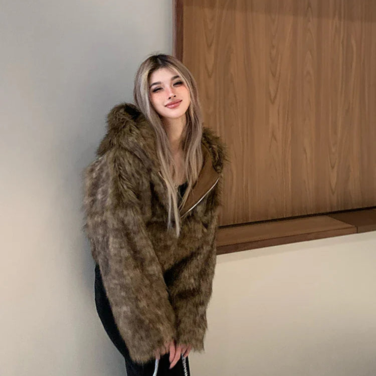 Autumn Winter Chic Luxury Short Soft Thick Warm Hairy Shaggy Faux Fur Coat Women with Hood Zipper Fluffy Jacket 2024