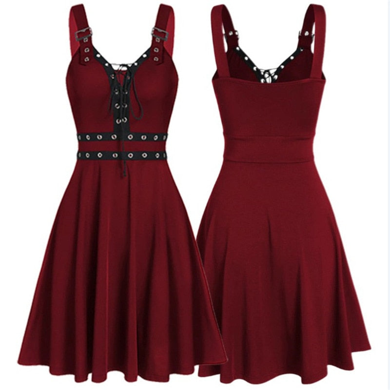 Women Mini Dresses Gothic Black Sexy Deep V Neck Fall Punk Sleeveless Rivet Fashion Tunic Hip Hop Bandage Female Dress Wine Red