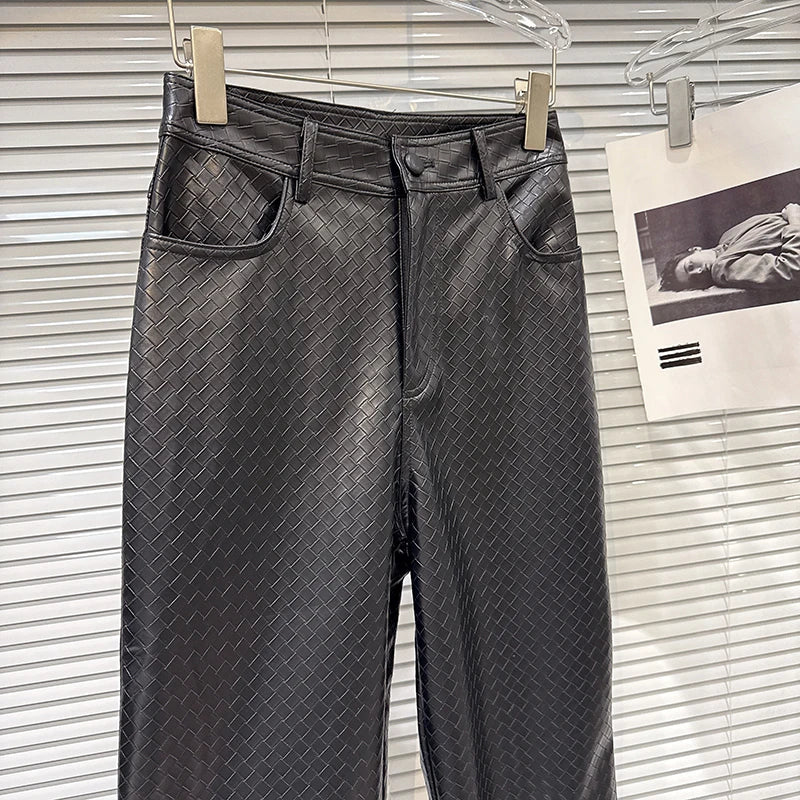 Winter New Fashion Plaid PU Leather Design Straight Pants For Women Black High Waist Streetwear Casual Pant 11A07828