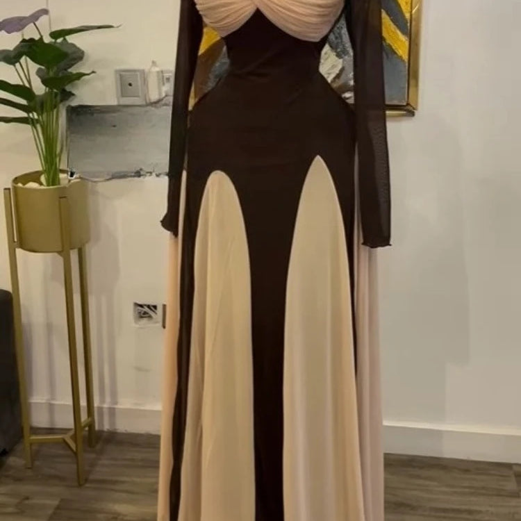 GLCMYAYA Women Long Sleeve Draped Front Midi A-line Patchwork Maxi Long Dress 2025 Vacation Holiday Party Birthday Dresses Khaki