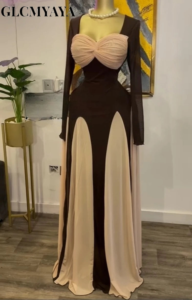 GLCMYAYA Women Long Sleeve Draped Front Midi A-line Patchwork Maxi Long Dress 2025 Vacation Holiday Party Birthday Dresses Khaki