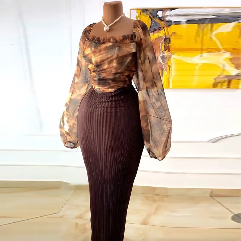 Fashion Elegant Mesh Printed Women Set Street Tops + High Waist Long Skirts Suits Party Birthday Two 2 Piece Sets Dress Brown