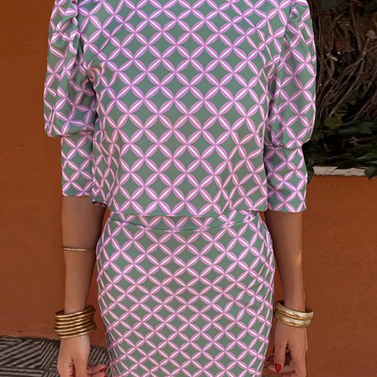 Women Plaid Printed Split Back Midi Skirt Set Fashion O-neck Long Sleeve Cropped Top Suit Lady Elegant Office Outfits PURPLE