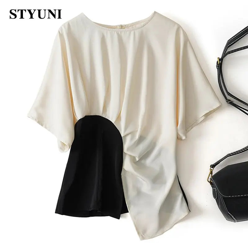 Asymmetric Spliced O-Neck Batwing Short Sleeve Women's Blouse Shirt Pullover Korean Fashion Female Clothing Tops Summer 2023